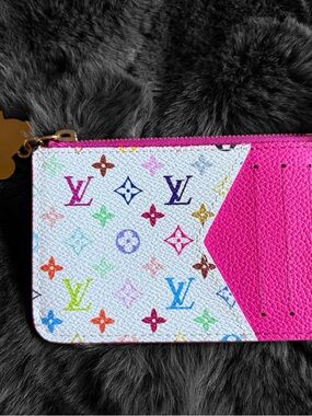 Multicolor Monogram Pink Zip Card Holder/Wallet
